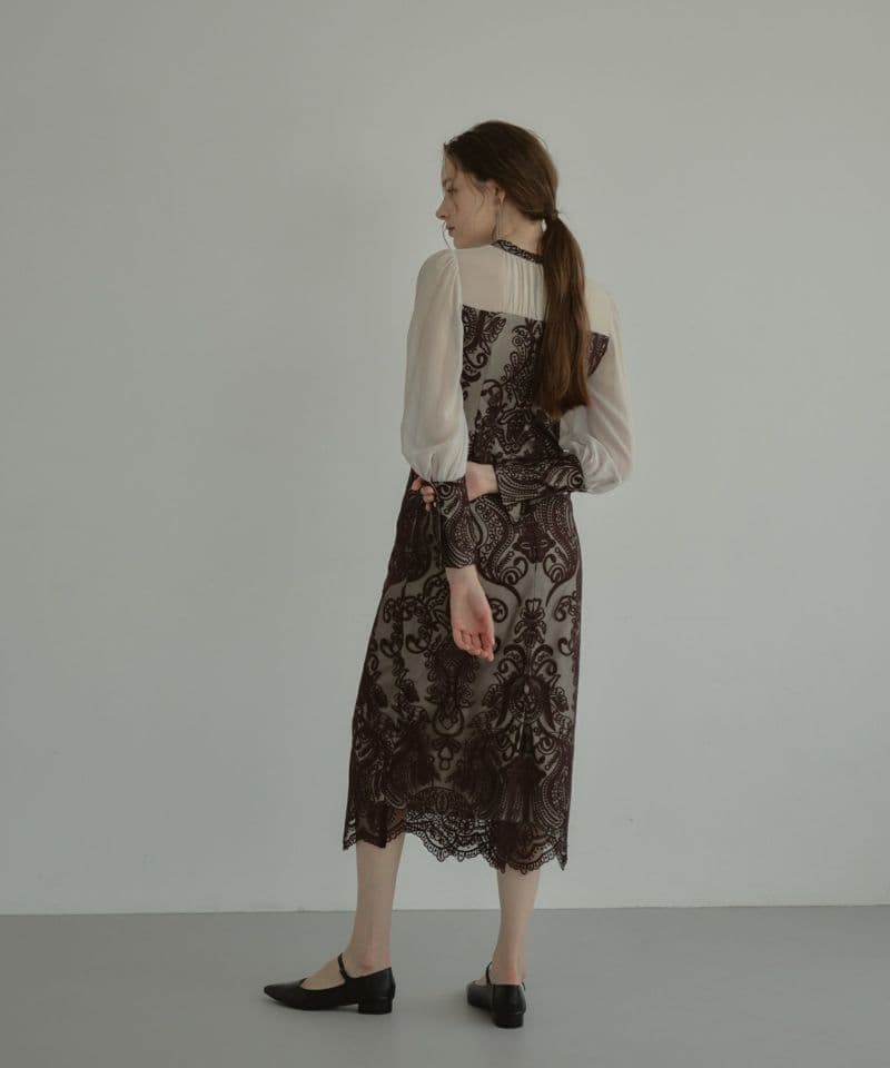 【美品】 アンドレスド　ダマスク　ギャザー　ドレス　ワンピース　刺繍　L