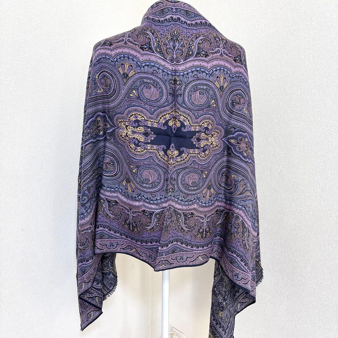 エトロ ストール ウールシルク混 ペイズリー イタリア製 パープル大判スカーフ