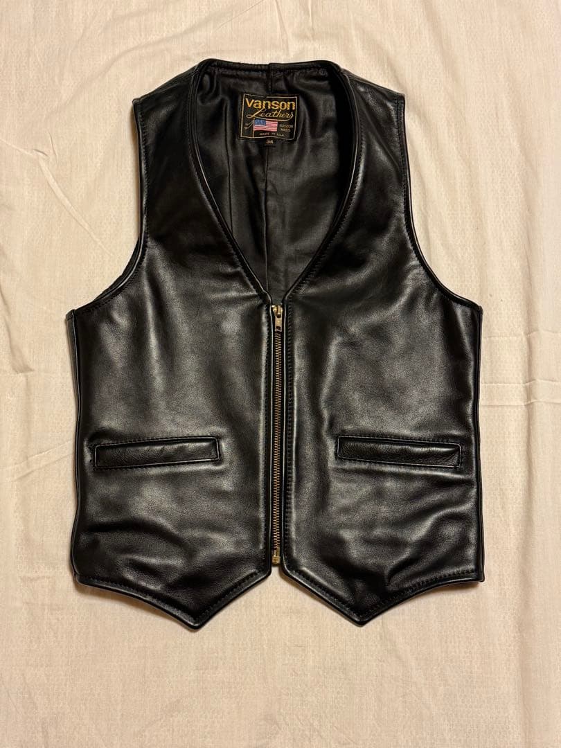 Vanson 黒 レザーベスト USA製　34インチ　ジッパータイプ