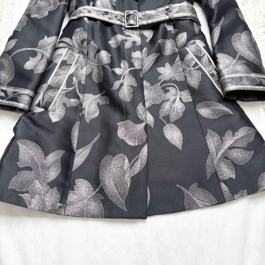 レオナール シルク混 ロングコート 花柄総柄 トリム ベルト 比翼ボタン 42