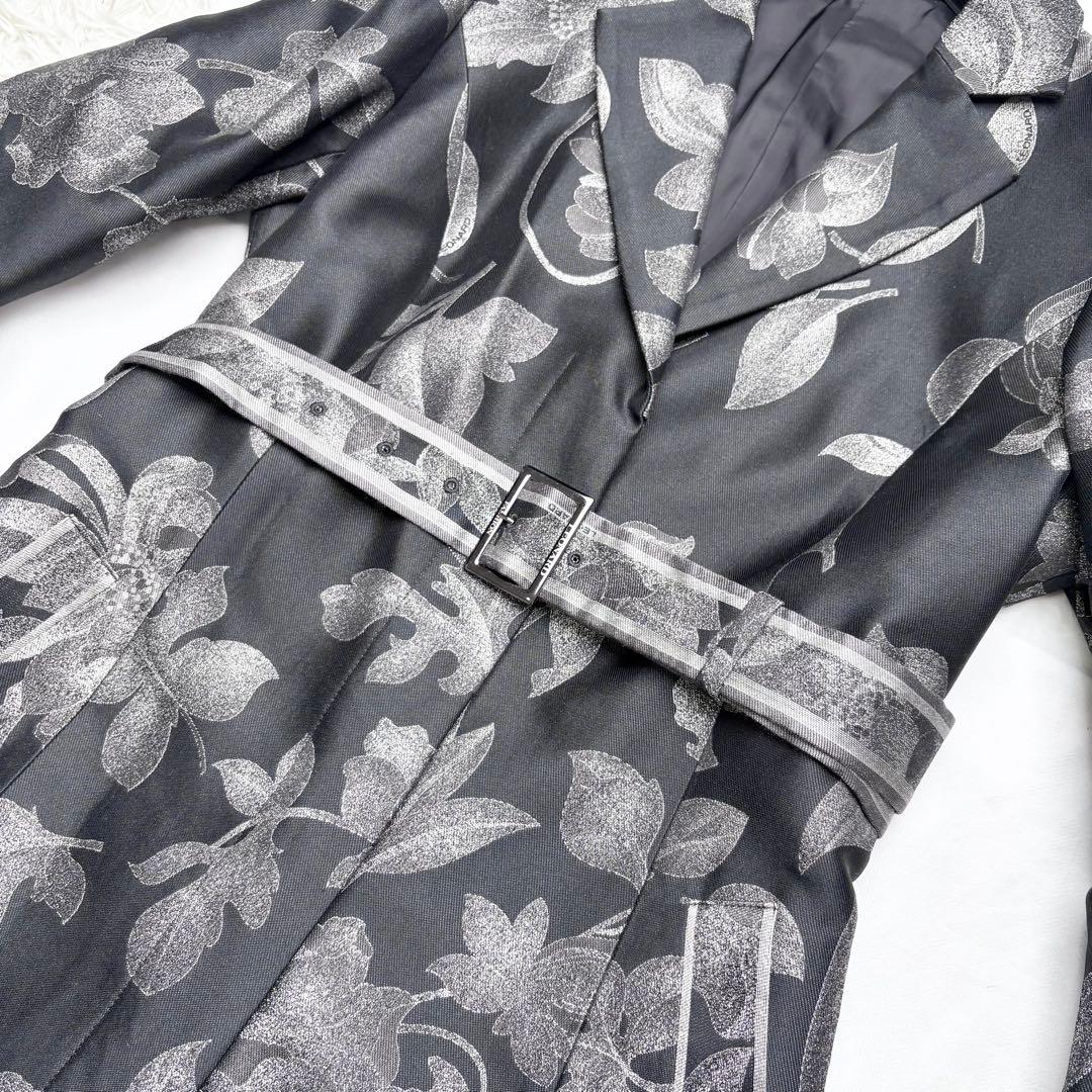 レオナール シルク混 ロングコート 花柄総柄 トリム ベルト 比翼ボタン 42