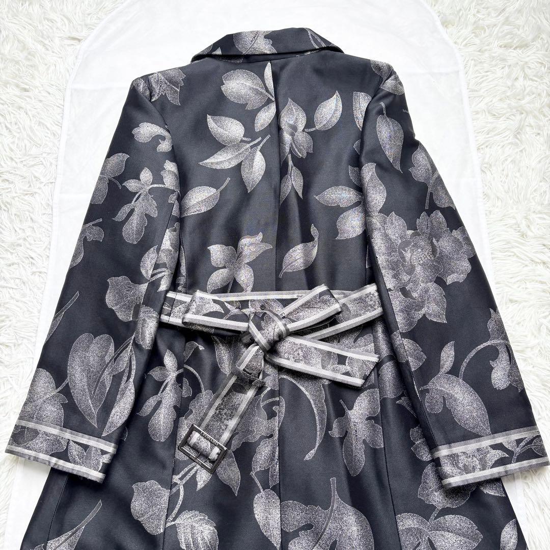 レオナール シルク混 ロングコート 花柄総柄 トリム ベルト 比翼ボタン 42
