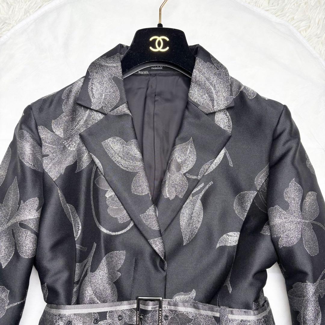 レオナール シルク混 ロングコート 花柄総柄 トリム ベルト 比翼ボタン 42