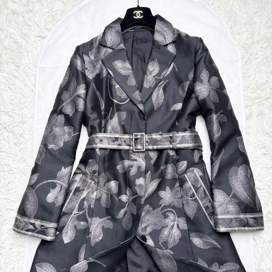 レオナール シルク混 ロングコート 花柄総柄 トリム ベルト 比翼ボタン 42