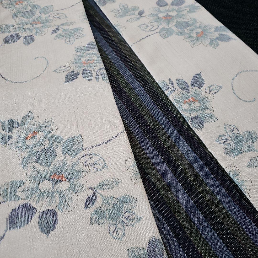 紬の半幅帯 正絹 伝承工芸花園紬 名匠秀逸極上織紬 長尺リバーシブル