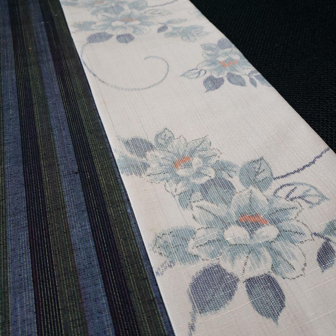 紬の半幅帯 正絹 伝承工芸花園紬 名匠秀逸極上織紬 長尺リバーシブル