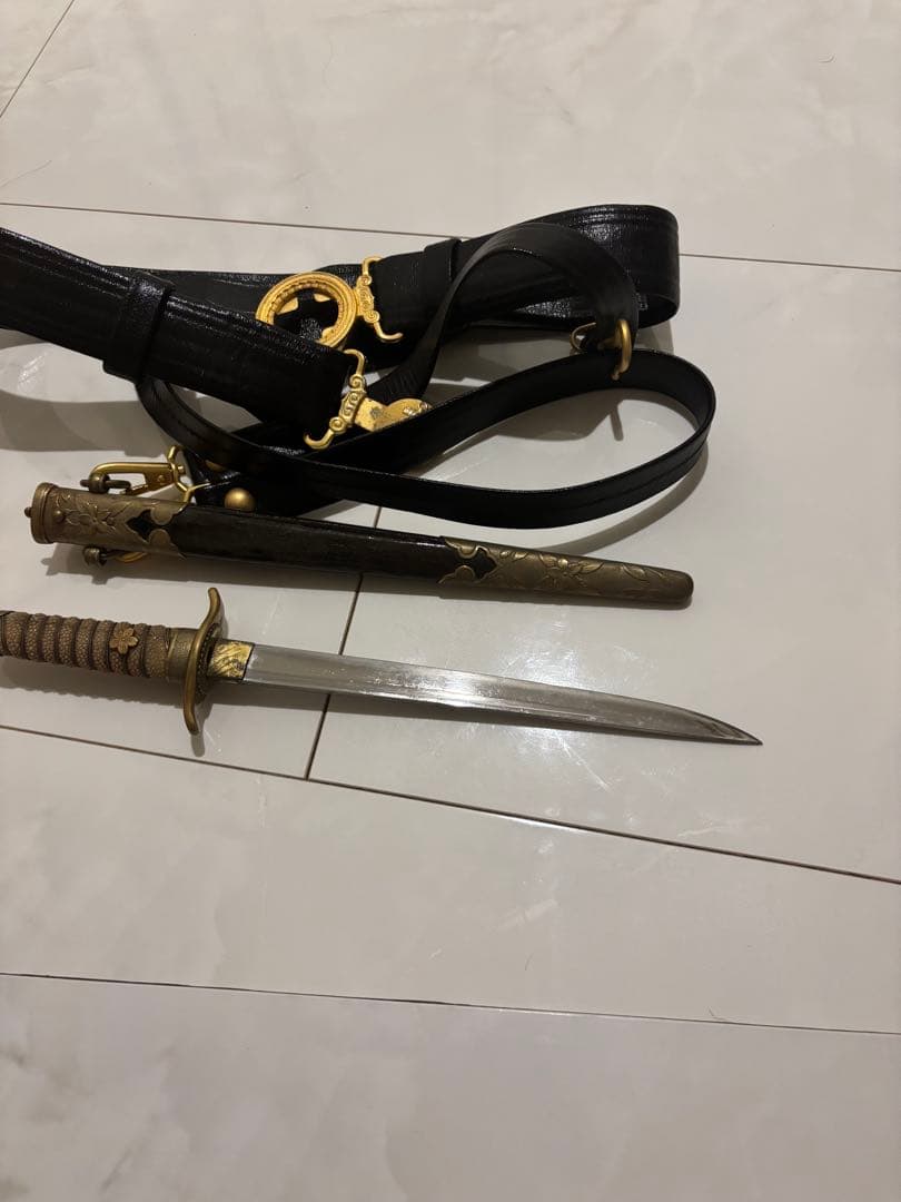 15日迄 希少品　旧海軍 士官 短剣 鮫皮研ぎ出し 模造刀　当時物　金ベルト付