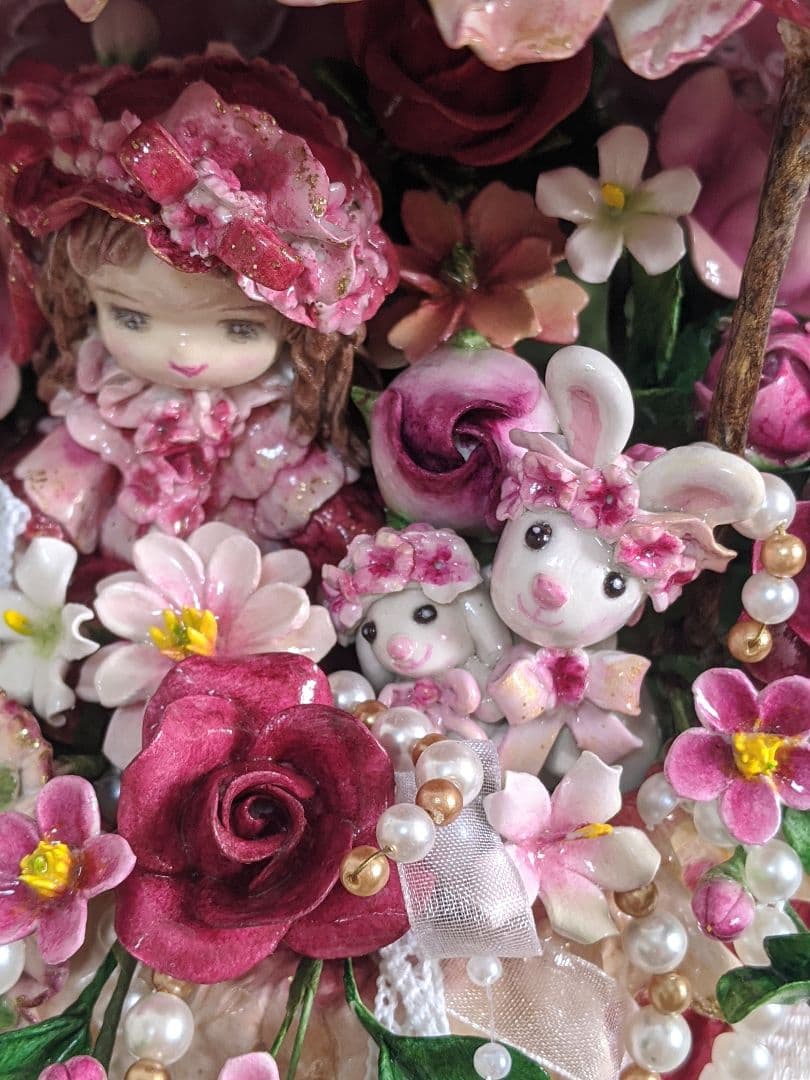 【専用】クレイフラワー♥ハート型薔薇の宝箱ドールとうさぎさん（大)♥ハンドメイド