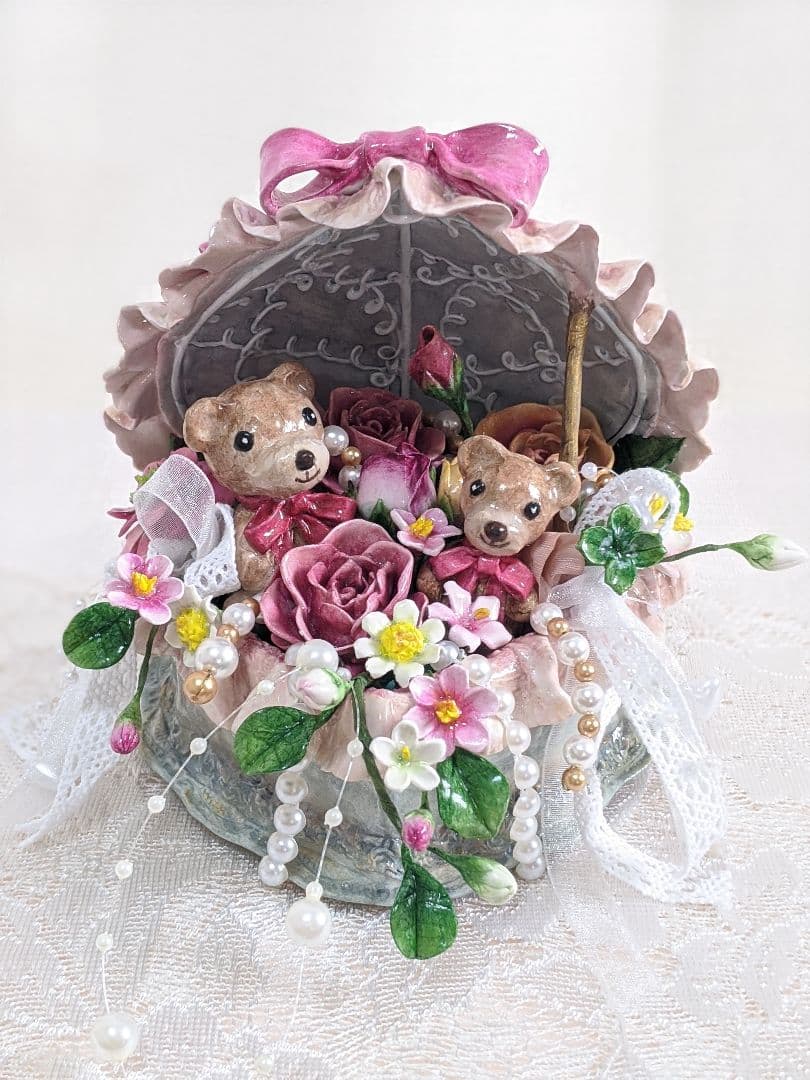 【専用】クレイフラワー♥ハート型薔薇の宝箱ドールとうさぎさん（大)♥ハンドメイド