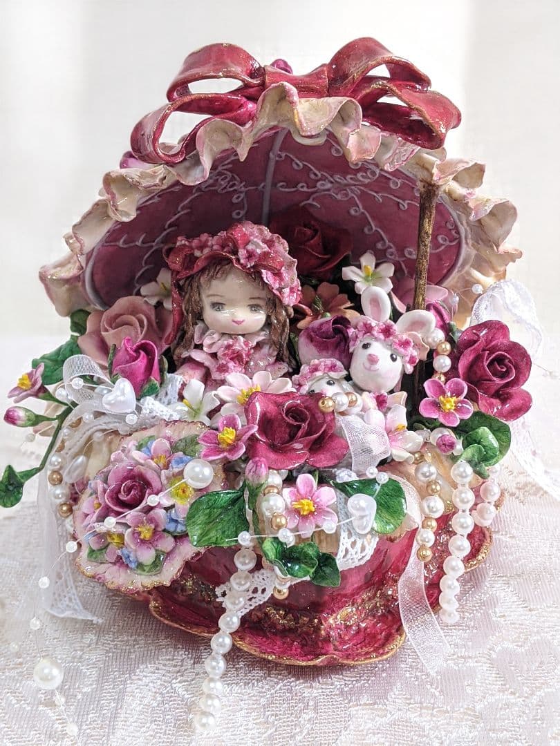 【専用】クレイフラワー♥ハート型薔薇の宝箱ドールとうさぎさん（大)♥ハンドメイド