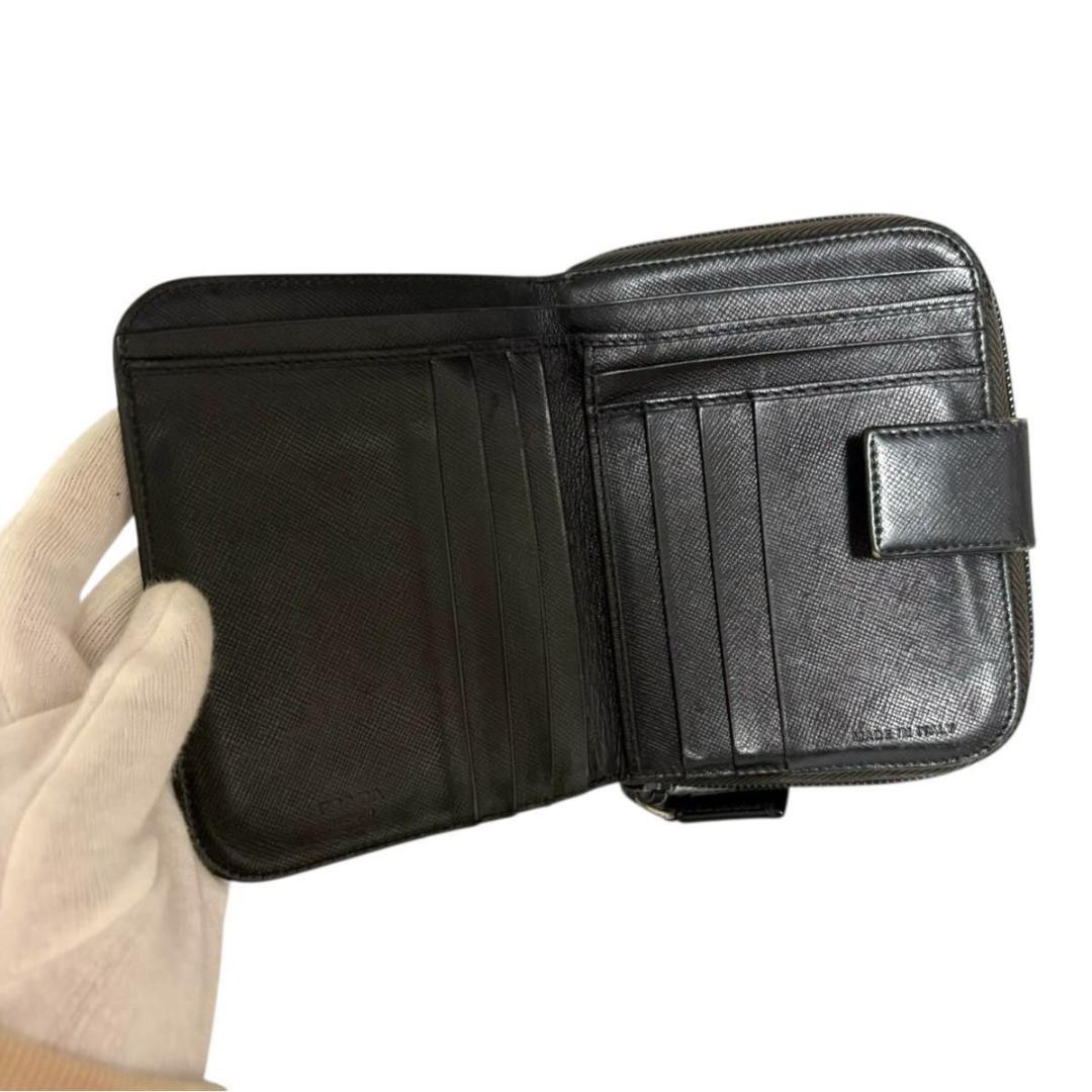 良品 PRADA 二つ折り 三角プレート サフィアーノ レザー 黒 ブラック