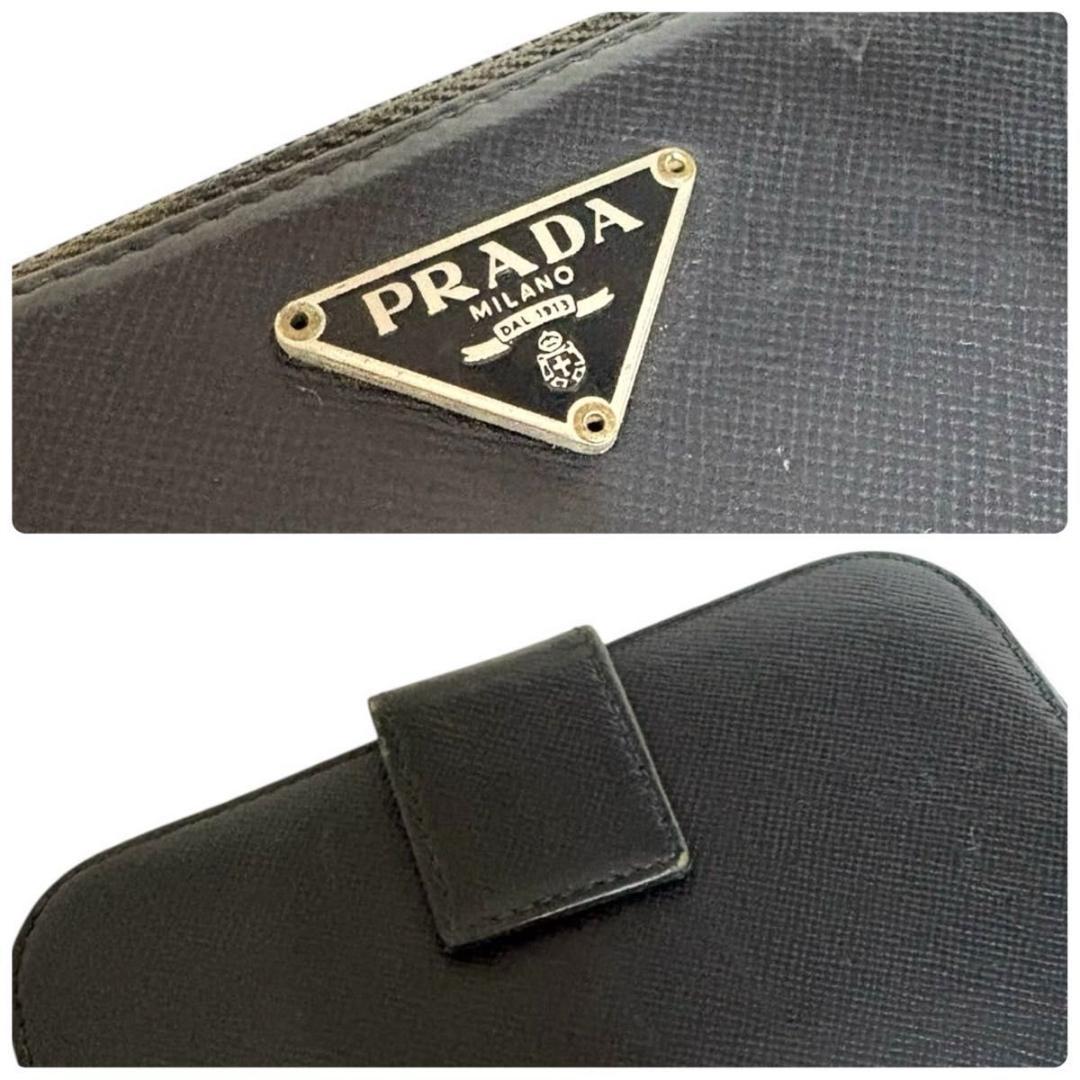 良品 PRADA 二つ折り 三角プレート サフィアーノ レザー 黒 ブラック