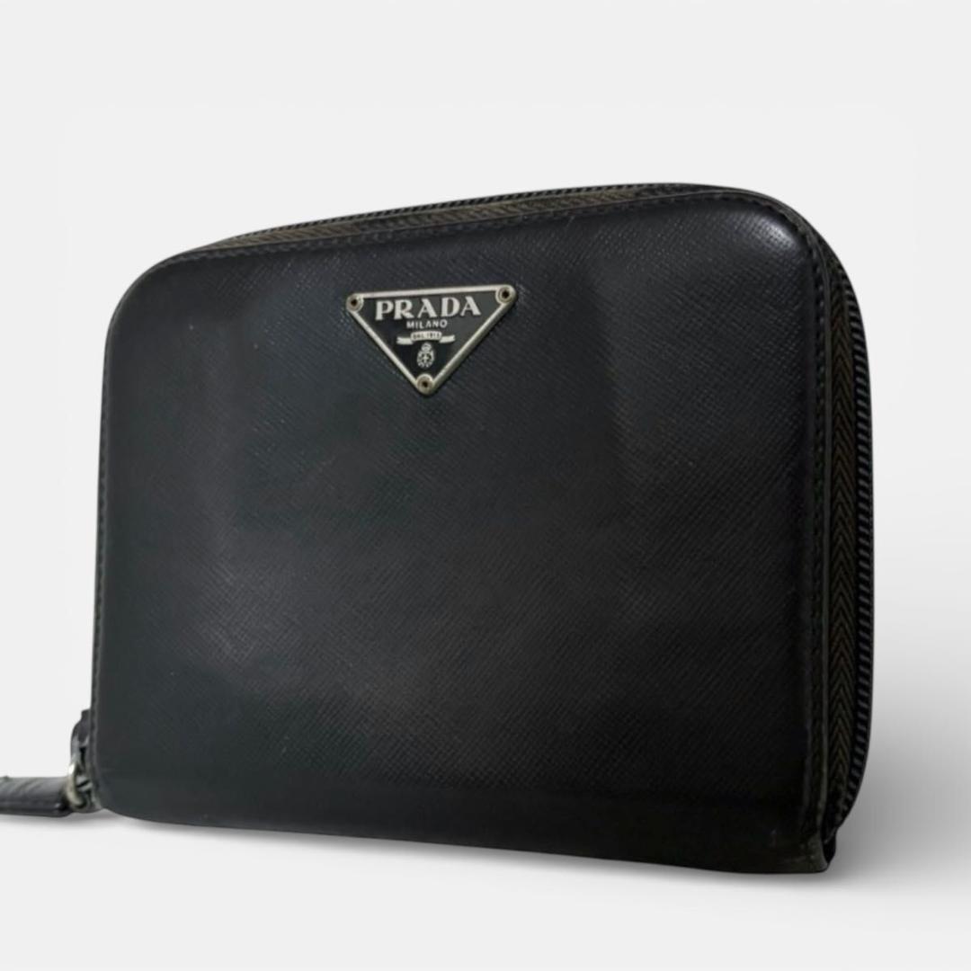 良品 PRADA 二つ折り 三角プレート サフィアーノ レザー 黒 ブラック