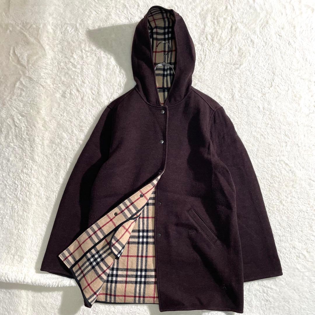 00s　バーバリーロンドン　フード付き　ウールコート　ノバチェック　M〜L相当