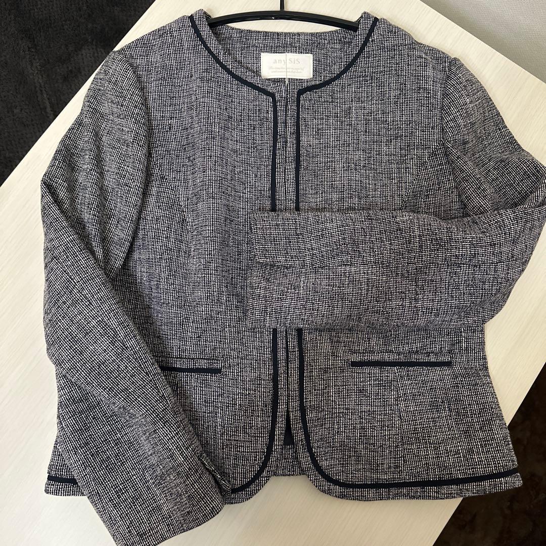新品　ANYSIS ノーカラージャケット　ツイード ネイビー M