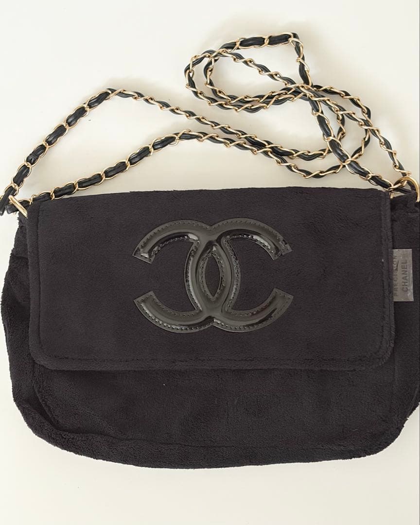 ノベルティ ショルダーバッグ　パイル生地　ロゴマーク　ブラック　シャネル　美品