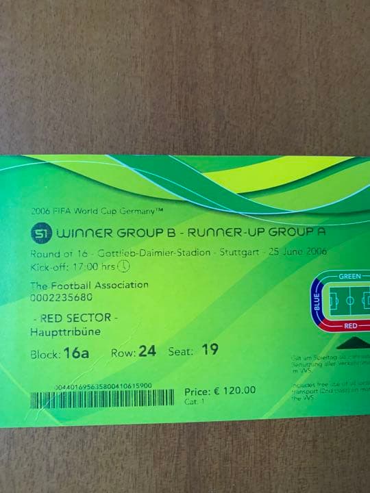 イングランド家族席チケット半券'06WCベスト16対エクアドル