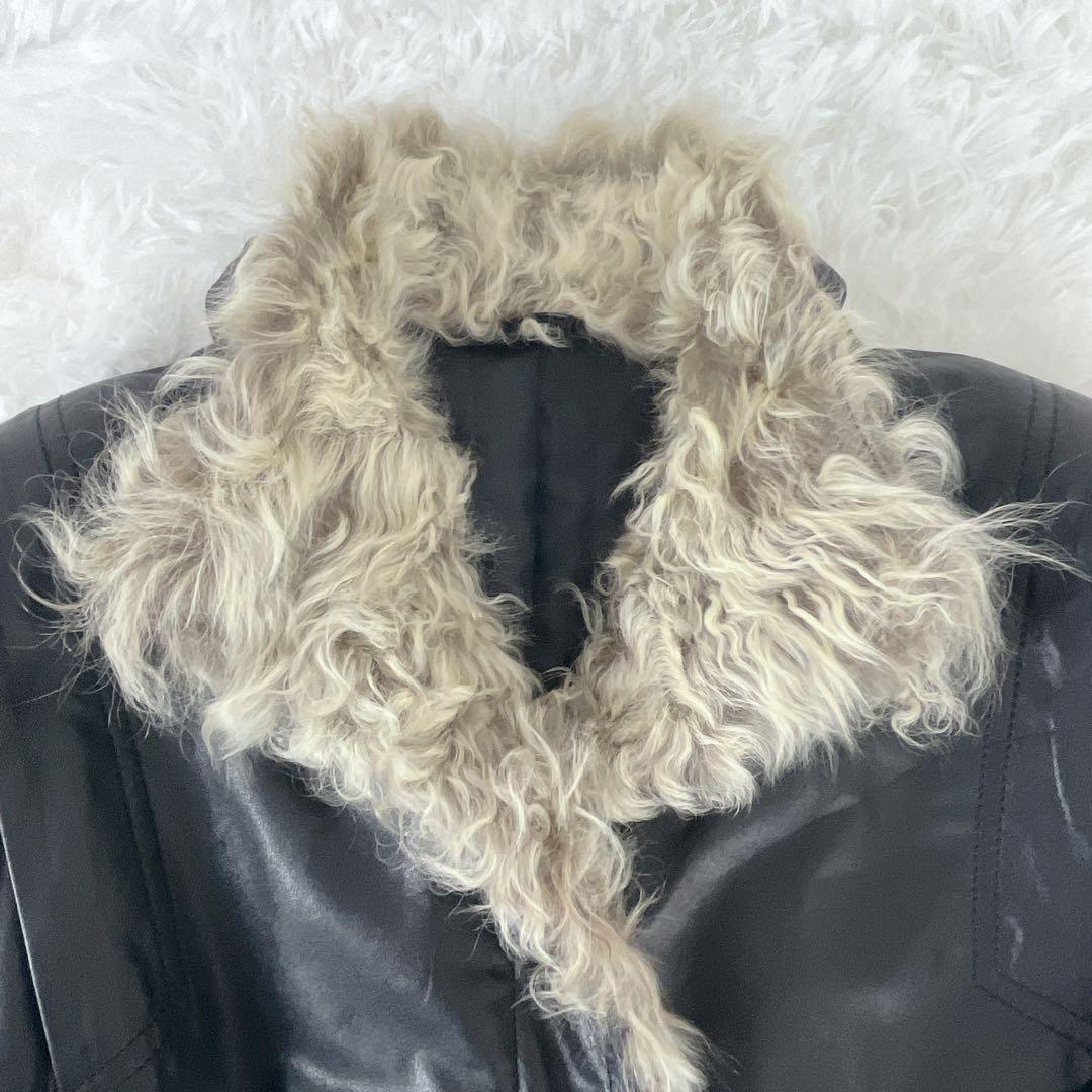 牛革 レザー アンゴラファーベルト付き ロング コート Aライン