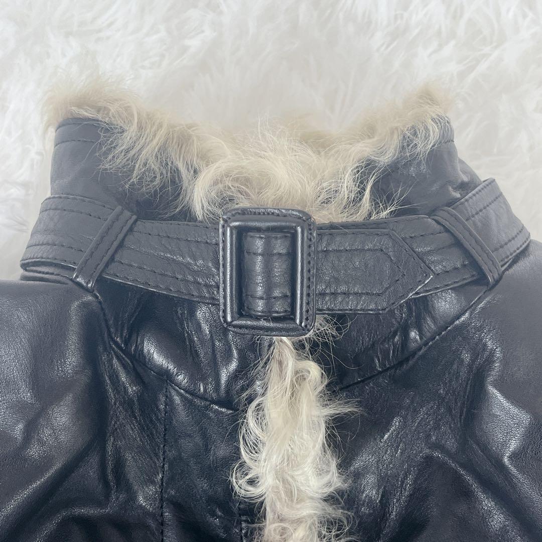 牛革 レザー アンゴラファーベルト付き ロング コート Aライン