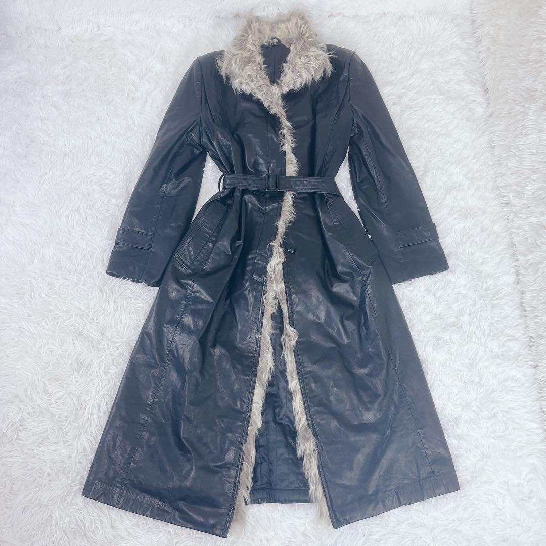 牛革 レザー アンゴラファーベルト付き ロング コート Aライン