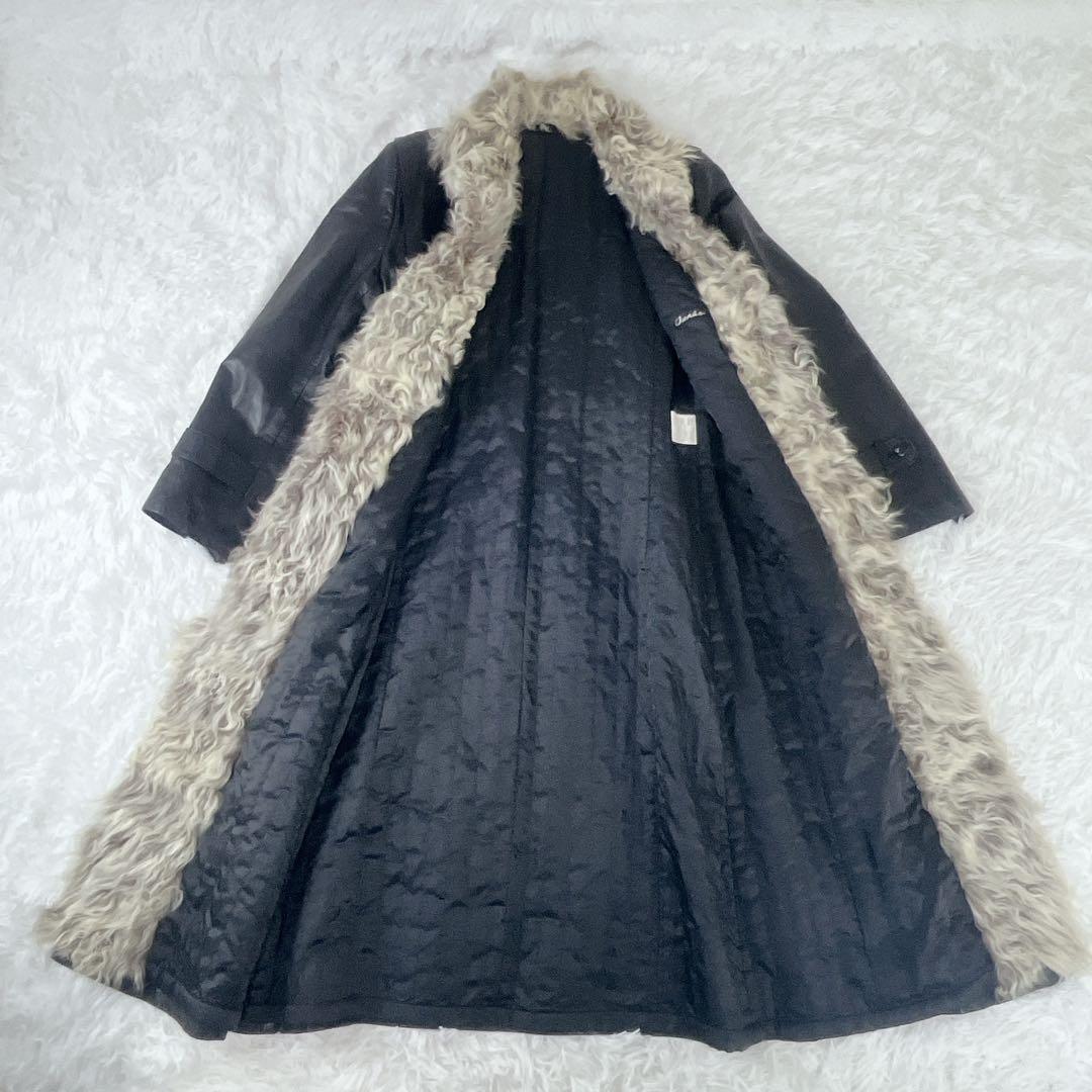 牛革 レザー アンゴラファーベルト付き ロング コート Aライン