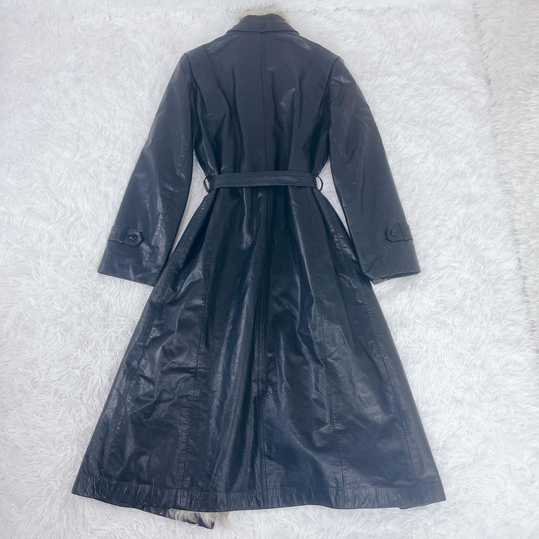 牛革 レザー アンゴラファーベルト付き ロング コート Aライン