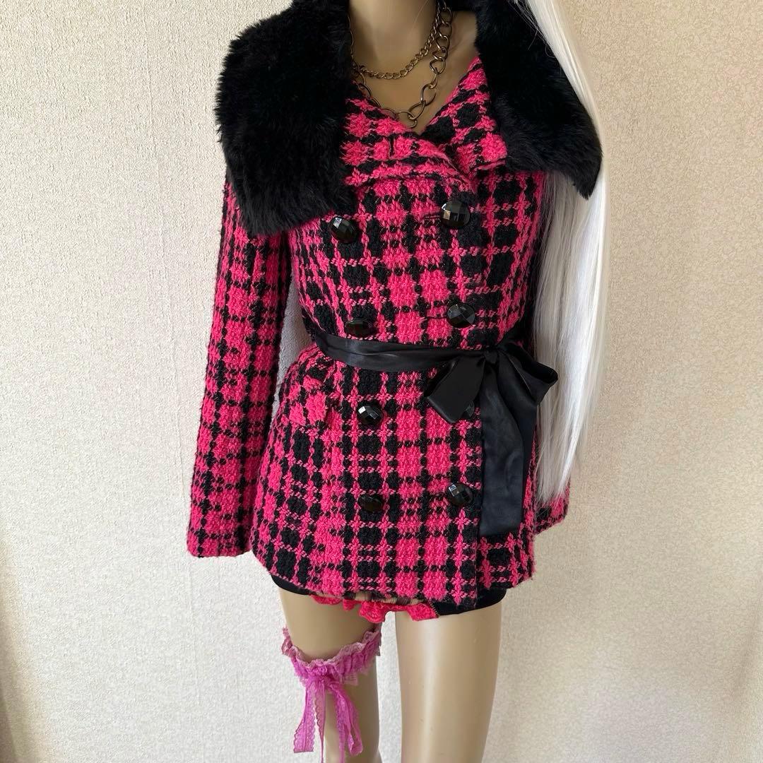 d.i.a.系 ピンクツイード ブラックリッチファーコート 3WAY 平成当時物