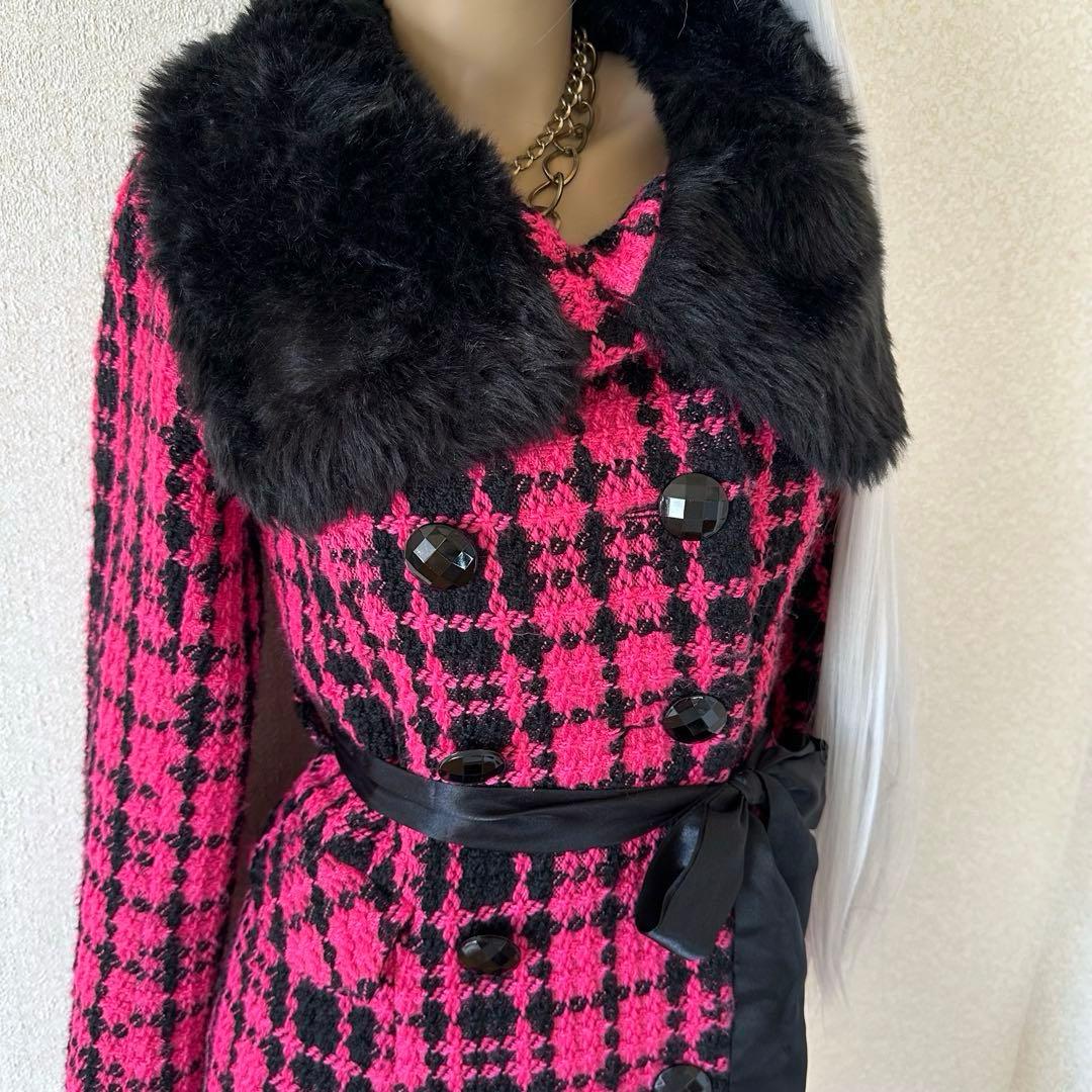 d.i.a.系 ピンクツイード ブラックリッチファーコート 3WAY 平成当時物