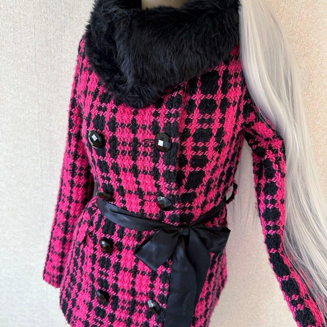 d.i.a.系 ピンクツイード ブラックリッチファーコート 3WAY 平成当時物