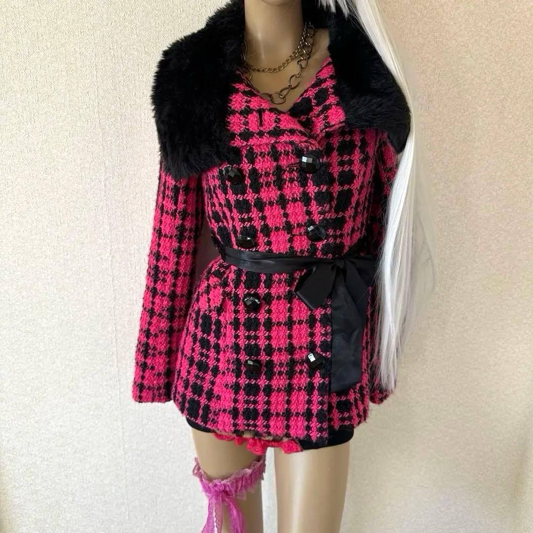 d.i.a.系 ピンクツイード ブラックリッチファーコート 3WAY 平成当時物