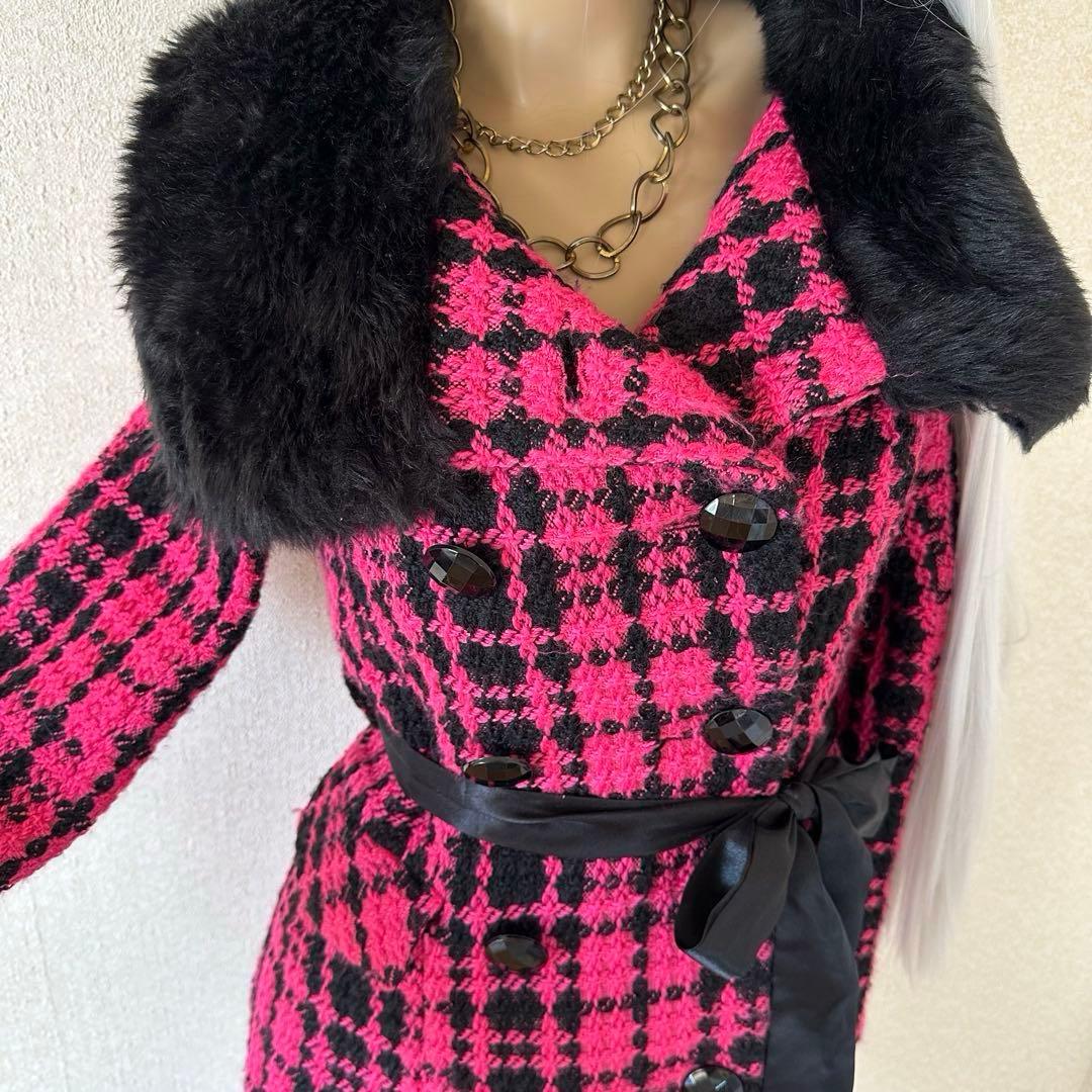 d.i.a.系 ピンクツイード ブラックリッチファーコート 3WAY 平成当時物