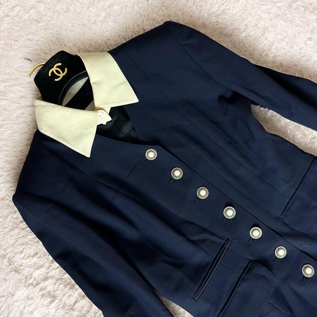 ヴィンテージ ディオール ロング ワンピース ニット 襟付き ネイビー M