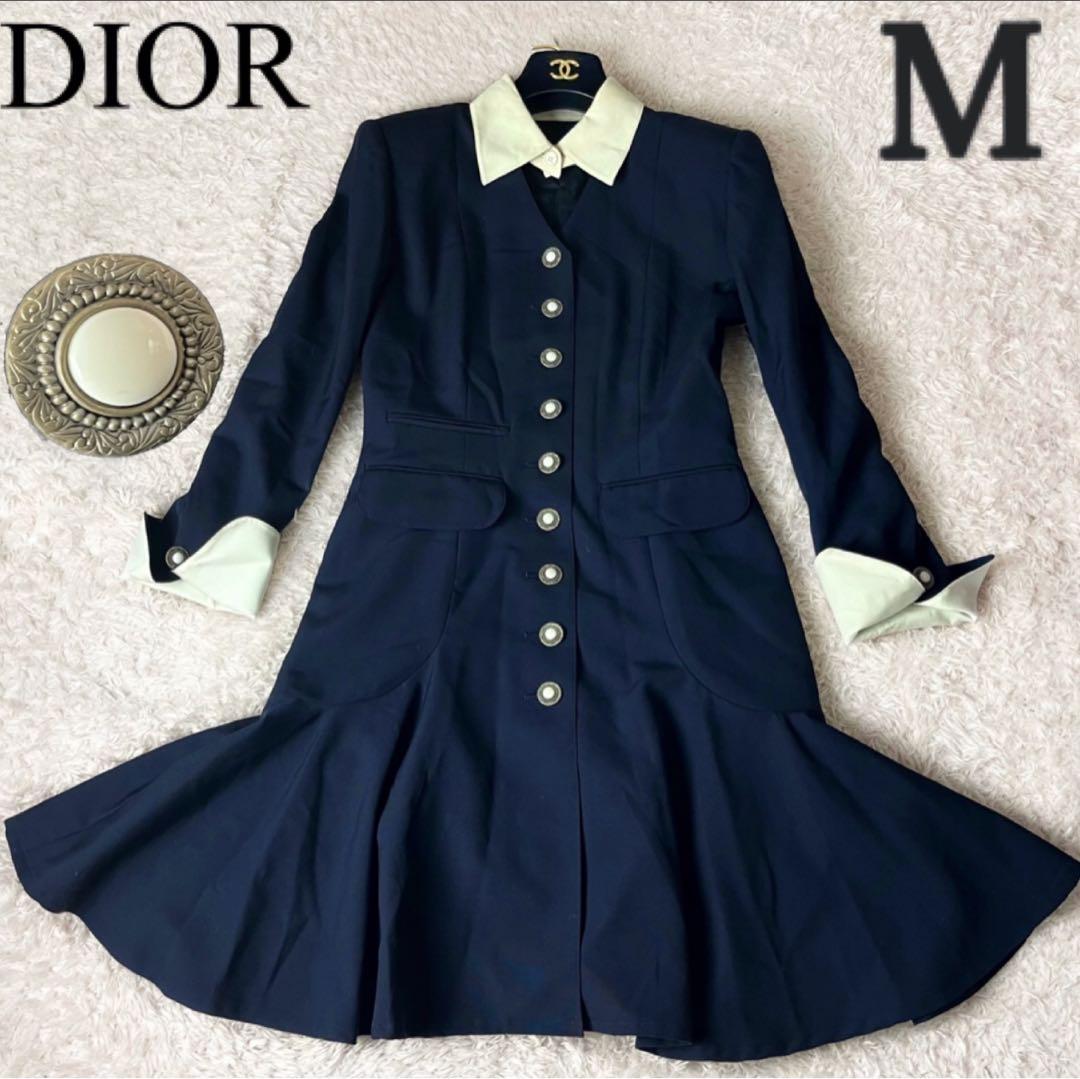 ヴィンテージ ディオール ロング ワンピース ニット 襟付き ネイビー M