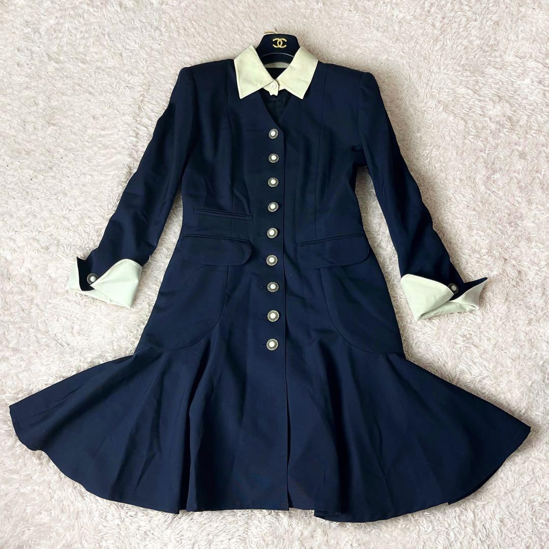 ヴィンテージ ディオール ロング ワンピース ニット 襟付き ネイビー M