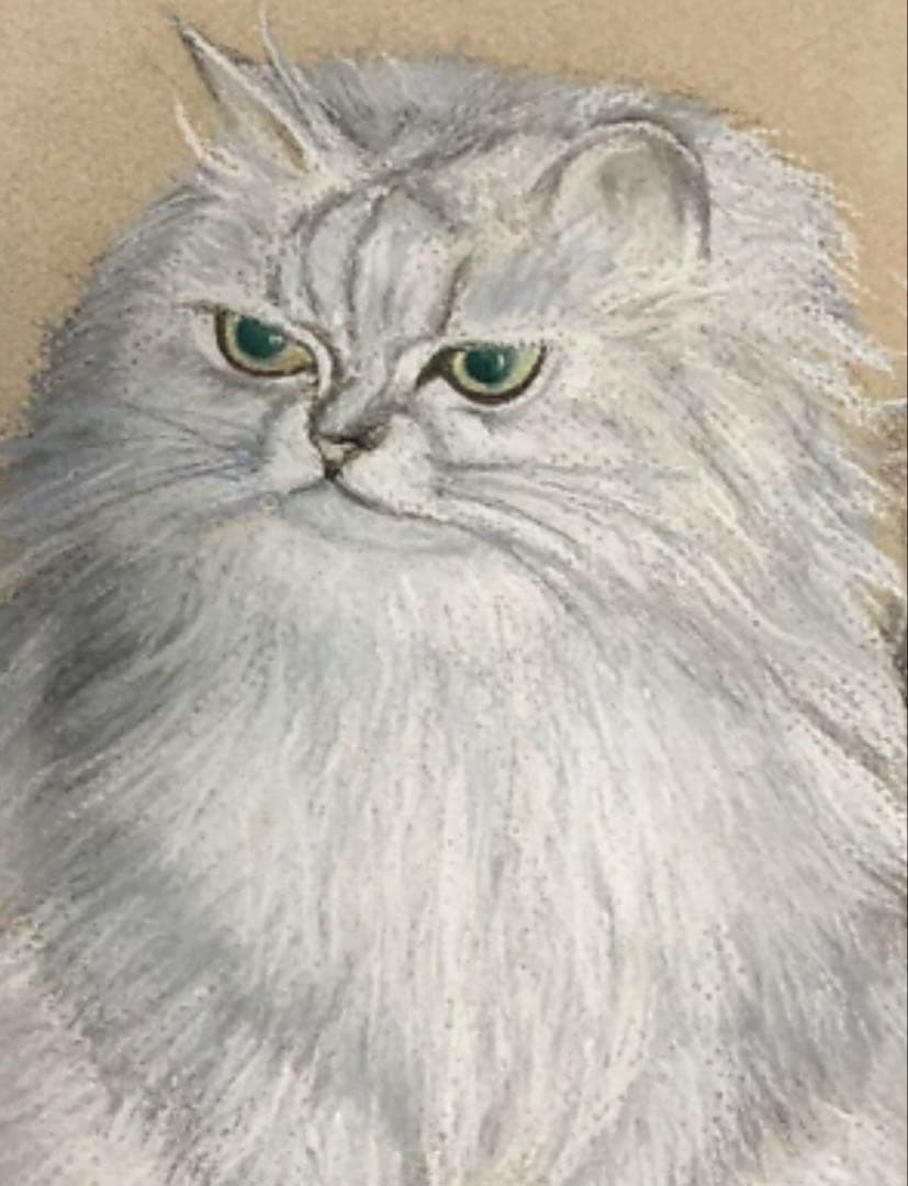 【額装美術品】町田和子 猫 絵画 パステル画 サイン入り 1988作品 求愛 r