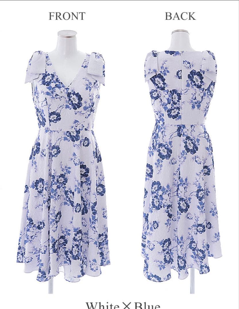 ホワイト×ブルー・花柄・Aライン [GINZA COUTURE] XS