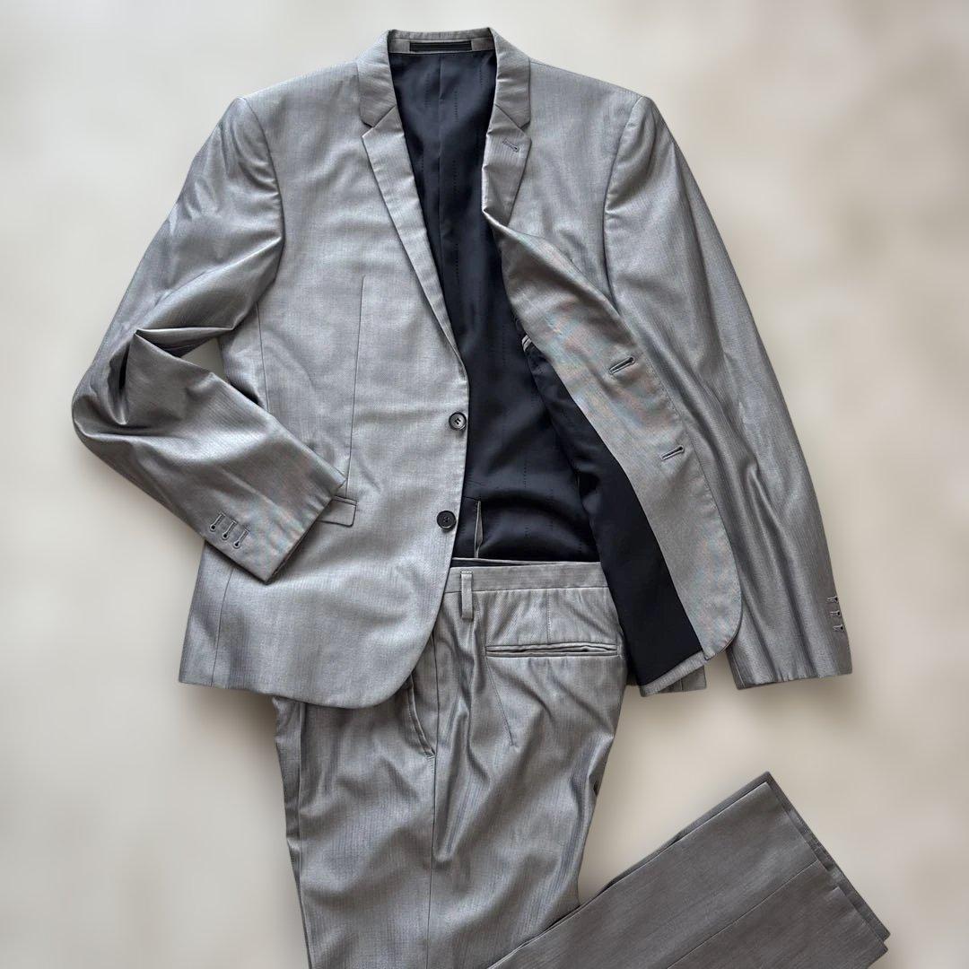 【シルク混】美品　ブラックバレットバイニールバレット　スーツL 灰　光沢　本切羽