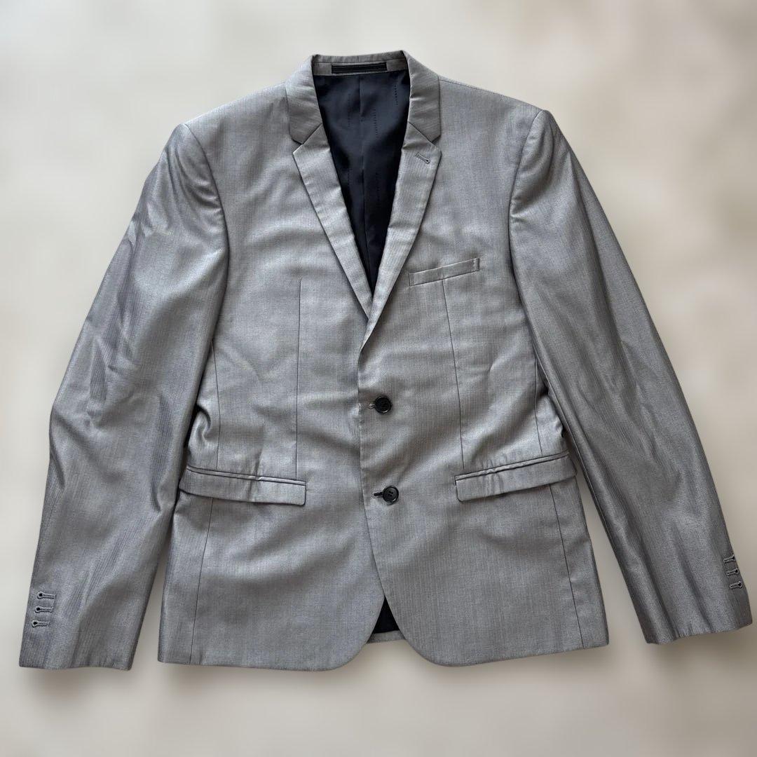 【シルク混】美品　ブラックバレットバイニールバレット　スーツL 灰　光沢　本切羽