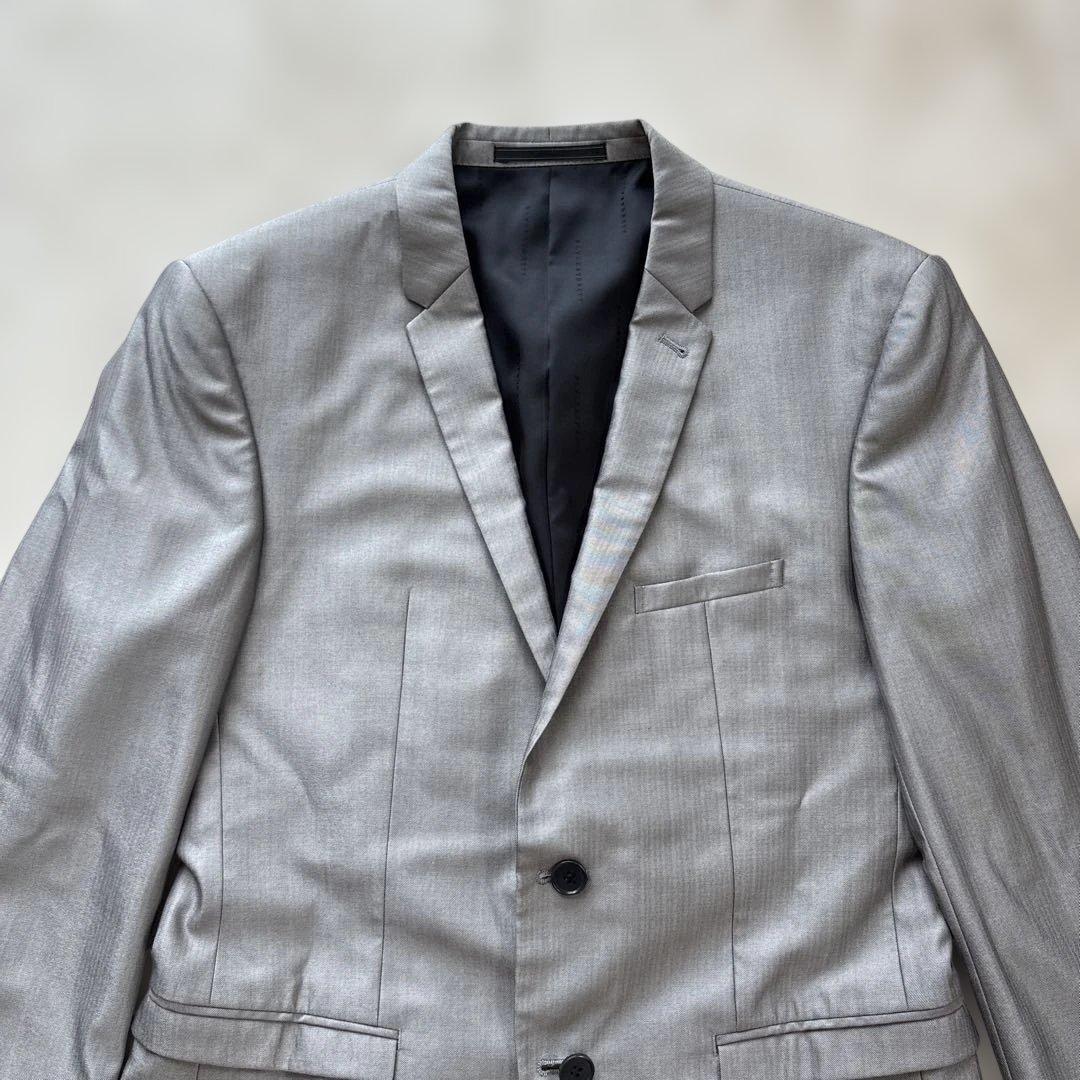 【シルク混】美品　ブラックバレットバイニールバレット　スーツL 灰　光沢　本切羽