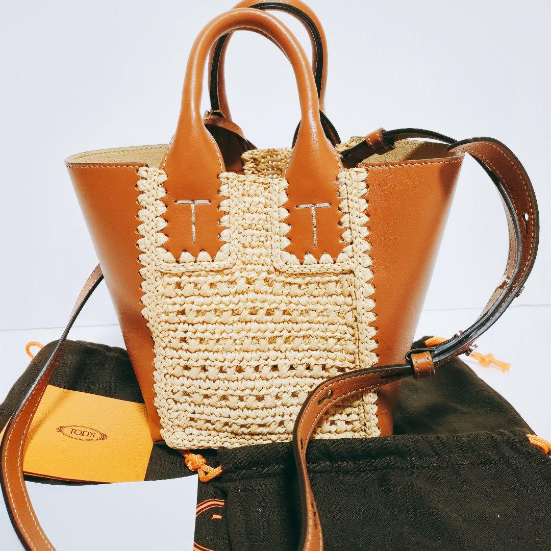 TOD’S トッズ ダブル アップ ミニ レザー＆ラフィア トートバッグ