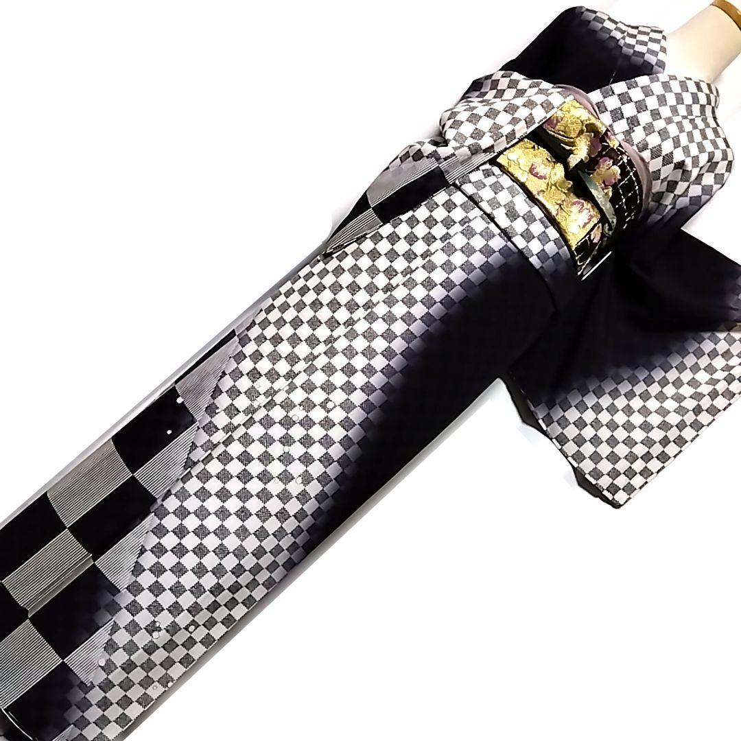 訪問着 セット 袋帯 じゅらく 帝王紫 作家物 落款 黒 白 市松模様