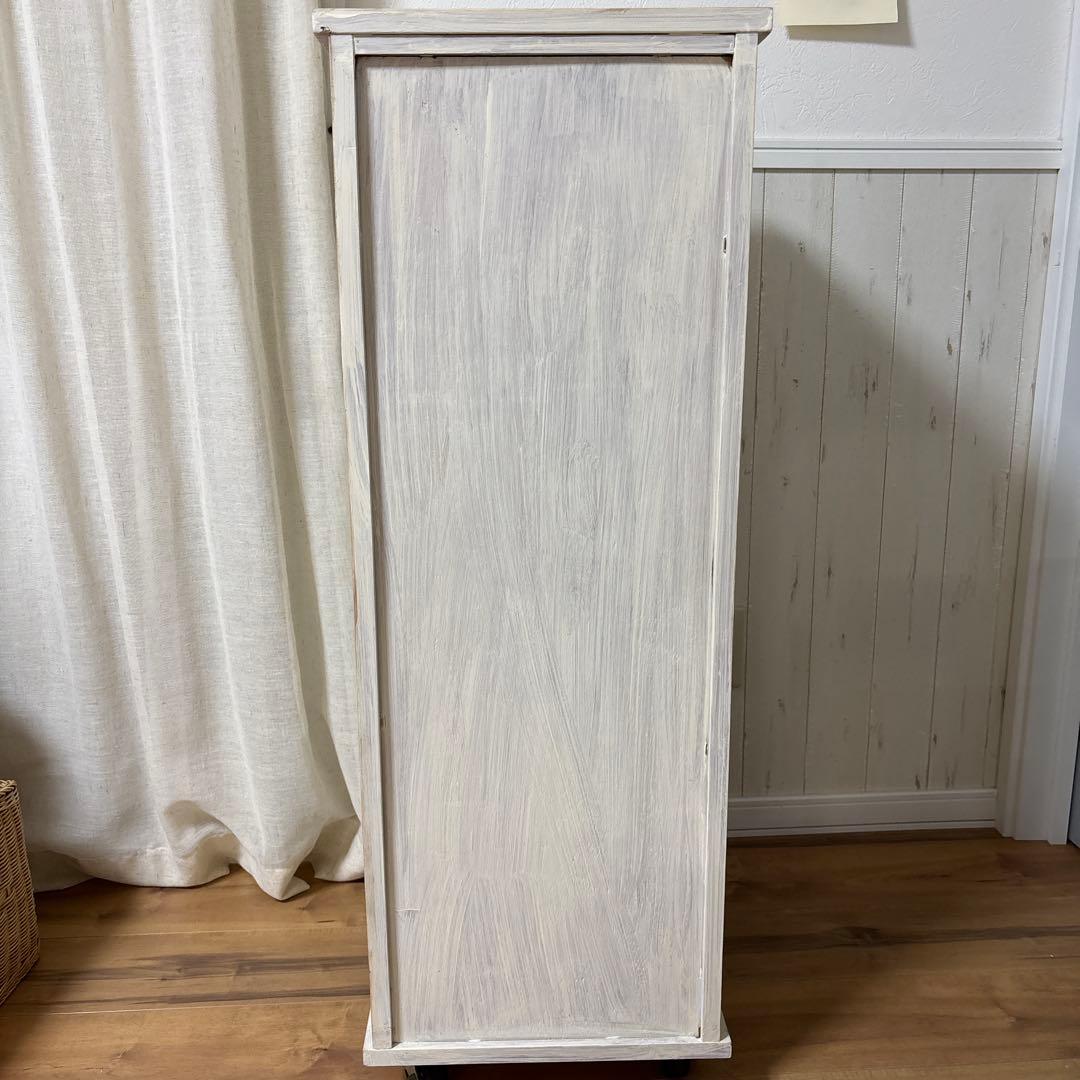 木製ホワイト多段チェスト キャスター付き　古物アンティーク風　フレンチシャビー