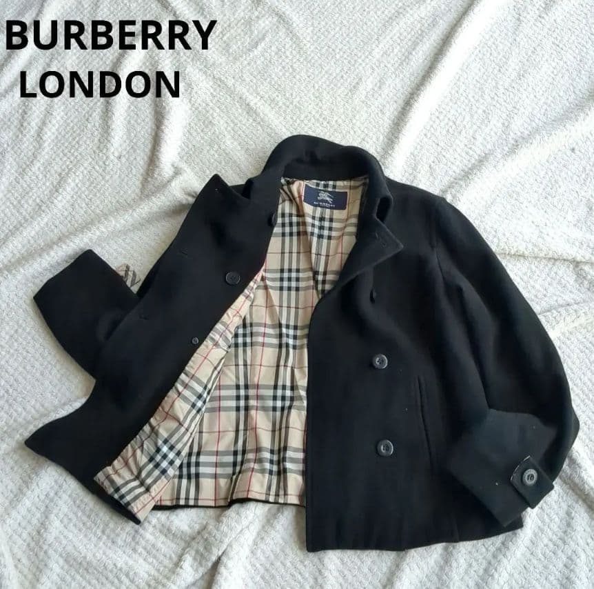 バーバリーロンドンウールPコート黒　ノバチェック　M