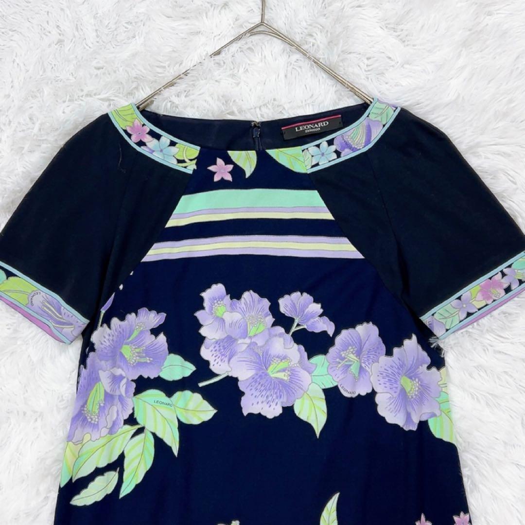 レオナール ワンピース カンカン 総柄 花 Aライン 40 L相当 ネイビー