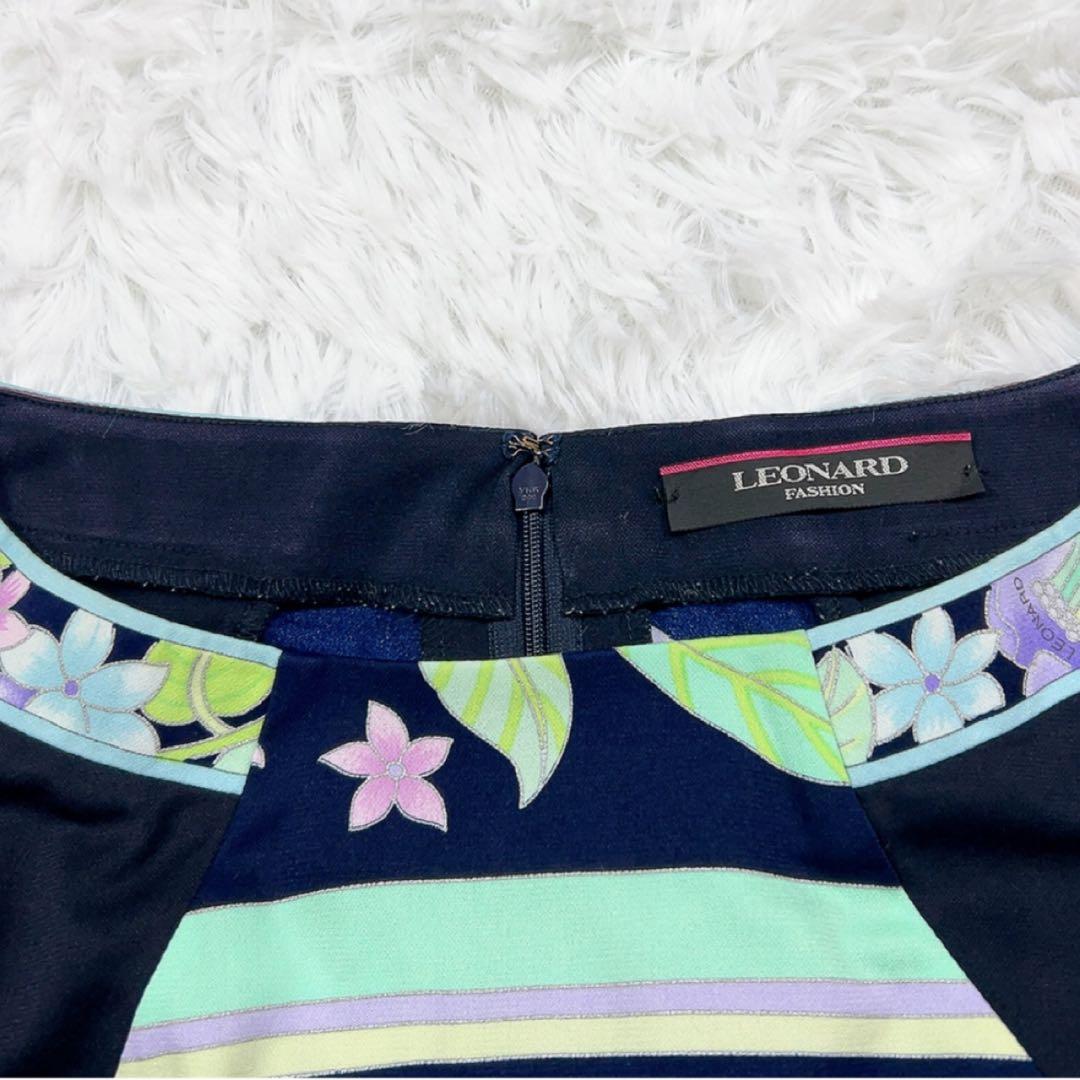 レオナール ワンピース カンカン 総柄 花 Aライン 40 L相当 ネイビー