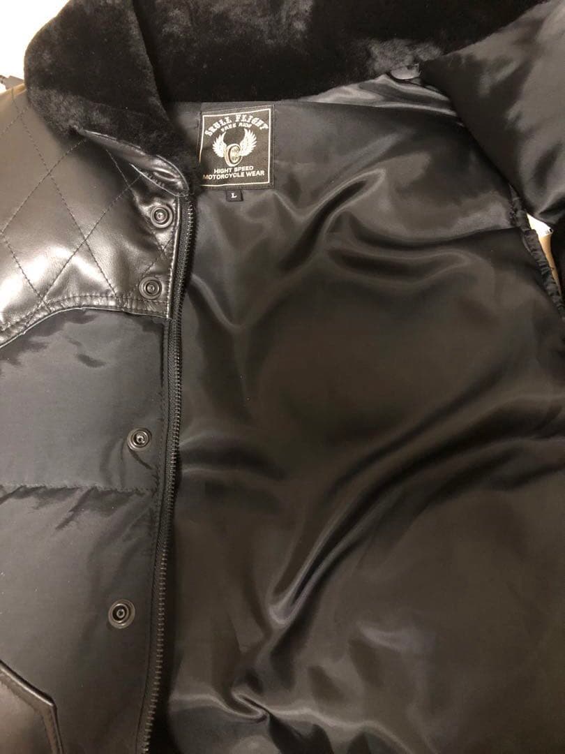 SKULL FRIGHT ファー付馬羊レザー切替　ダウンベスト L ライダース