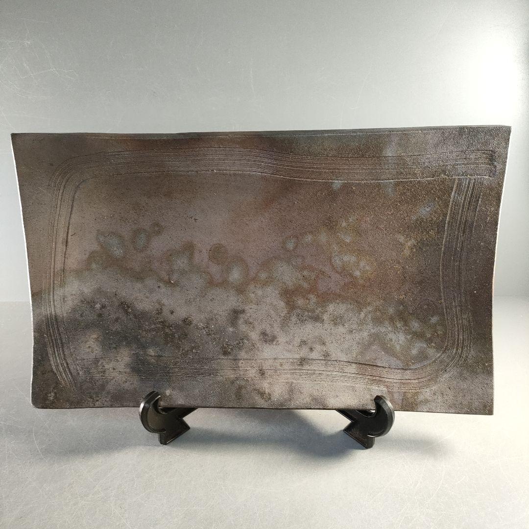 A1366-7/丹波焼/稲右衛門窯/丹波焼締四方皿/共箱/大皿/額皿/懐石道具/