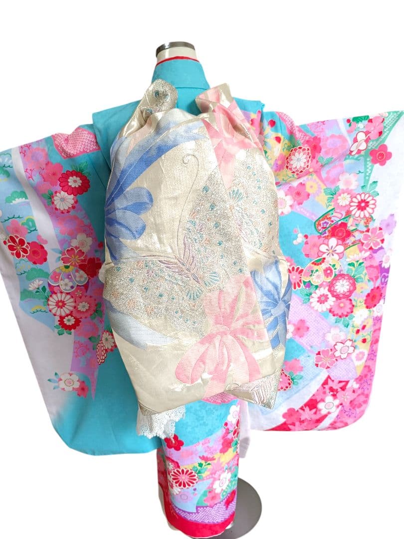 ☆白ブルーピンクに束ね熨斗の着物とキラキラ作り帯☆七五三７歳