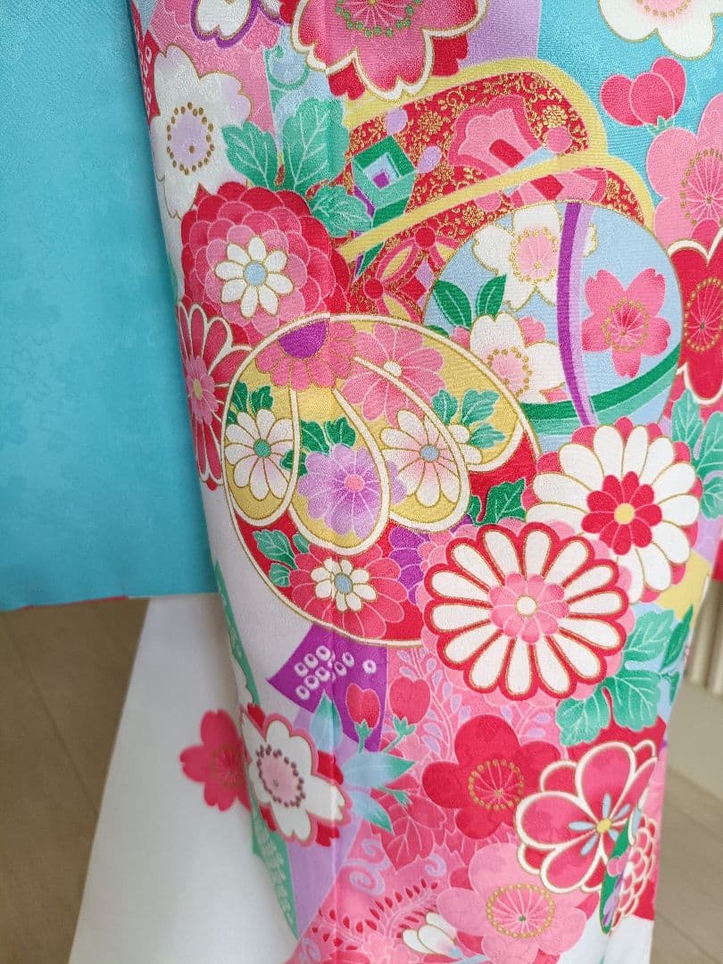 ☆白ブルーピンクに束ね熨斗の着物とキラキラ作り帯☆七五三７歳