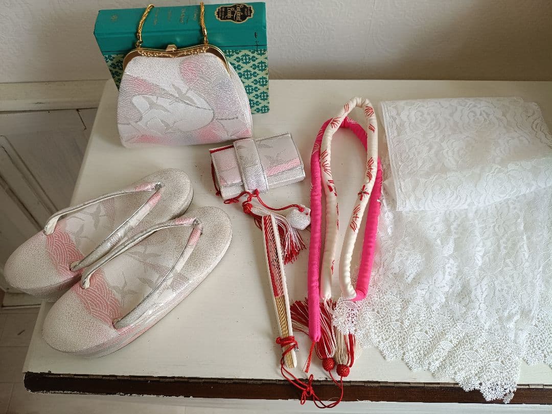 ☆白ブルーピンクに束ね熨斗の着物とキラキラ作り帯☆七五三７歳